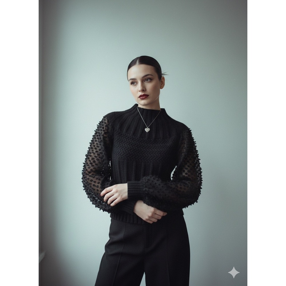 ANDTHEWHY Black Mixed Knit Mock Sweater Balloon Sleeve Sz S Gothic Coquette Noir